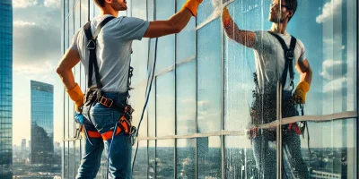 DALL·E 2025-03-04 11.20.48 - A professional window cleaner cleaning a large glass facade of a modern office building. The cleaner is wearing a safety harness and using a squeegee