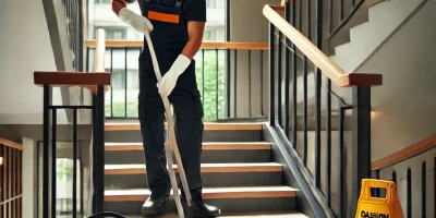 DALL·E 2025-03-04 11.21.57 - A professional cleaner mopping the stairs in a modern apartment building. The cleaner is wearing a uniform and gloves, using a mop and bucket. The sta