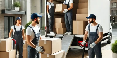 DALL·E 2025-03-04 11.40.30 - A team of professional movers unloading a moving truck and carrying boxes into a new apartment. The movers are dressed in uniforms, using dollies and