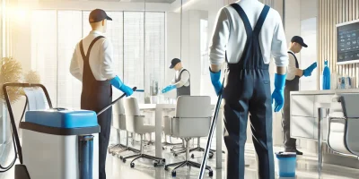 DALL·E 2025-03-04 12.47.39 - A professional and modern image depicting a cleaning company in action. The scene features uniformed cleaning staff using high-quality equipment to cl